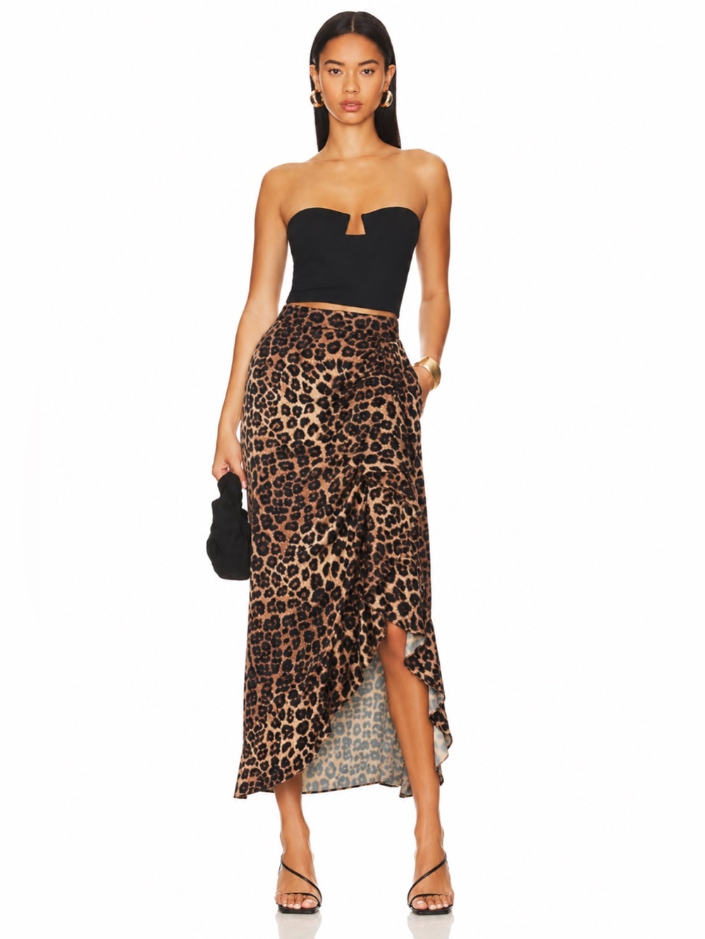 Good American Leopard Animal Print Asymmetrical Ruffle Wrap Midi Skirt 📐3/L